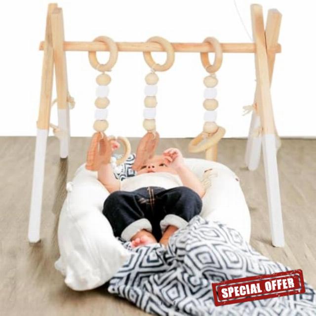 Foldable Wooden Baby Play Gym Frame with Hanging Toys                                                          Natural Pine