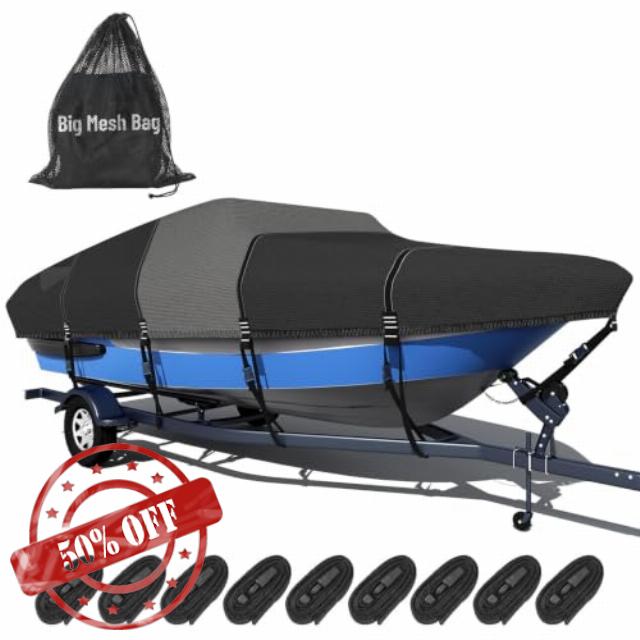 Middle 1600D Waterproof Polyester Boat Cover Trailerable&Mooring Tri-Hull Cover Universal Fits V-Hull/Bass/Runabout