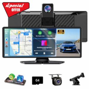 10.26" Carplay Screen Android Auto Screen 4K Dash Cam &1080P Rear Camera                                                          360° Rotation 4K Front & 1080P Backup Camera