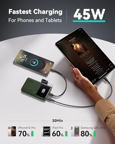 Slimmest 10000mAh 45W PD Fast Charging Portable Charger                                                          Detachable USB-C Cable
