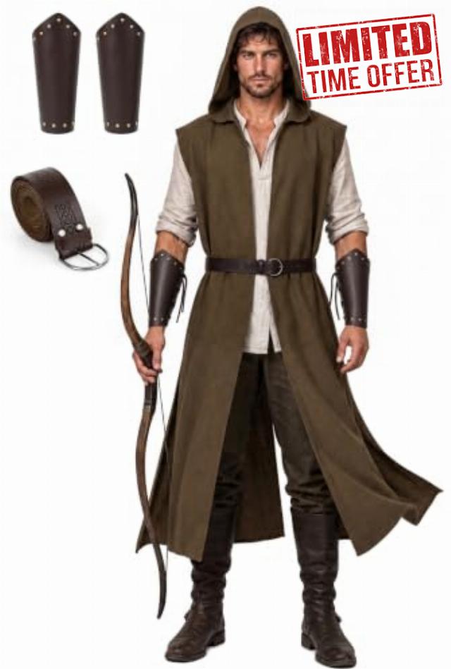UQJE Mens Medieval Hooded Sleeveless Surcoat Faux Linen                                                          Faux linen texture