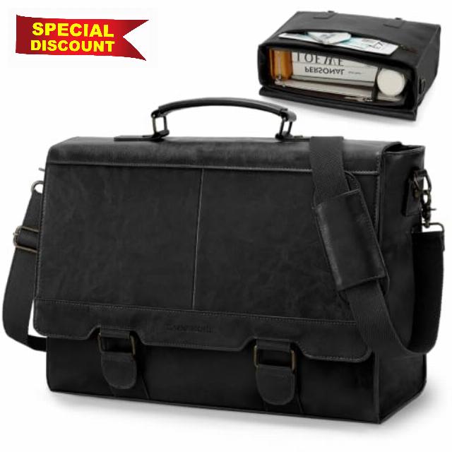RAINSMORE Men's 15.6 Inch Vintage Leather Laptop Messenger Bag                                                          Waterproof flapover briefcase with shoulder strap