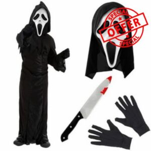 LOVETRENDS Kids Screamer Costume - Hooded Black Robe with Face Mask