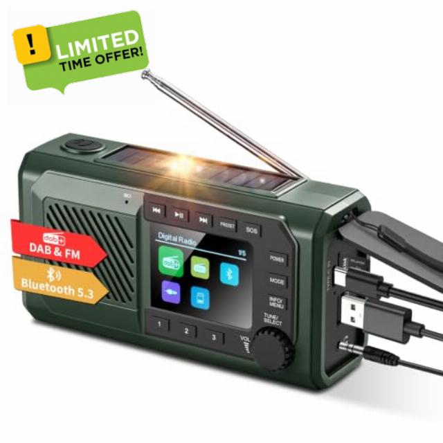 DAB+/DAB/FM Solar Wind Up Radio with Rechargeable Battery and Bluetooth 5.3                                                          80 Memory Slots