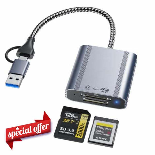 CFexpress Type A&SD Card Reader 2in1 CFexpress Type A Memory Card Reader                                                          USB3.2 Gen 2 10Gbps USB-C + USB-A Dual-Slot CF Express Type A Reader Compatible with Windows