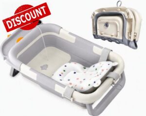 Foldable Baby Bath Tub Newborn Support Seat with Cushion & Thermometer                                                          Collapsible Infant Bathtub with Digital Display