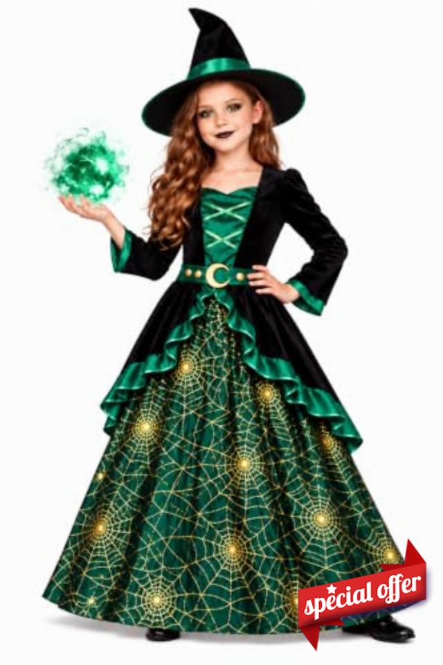 Girls Deluxe Green Witch Kids Halloween Fancy Dress Costume                                                          Kids Green Deluxe Witch Halloween Fancy Dress Includes Dress and hat