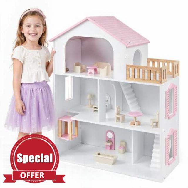 GYMAX Wooden Kids Dollhouse