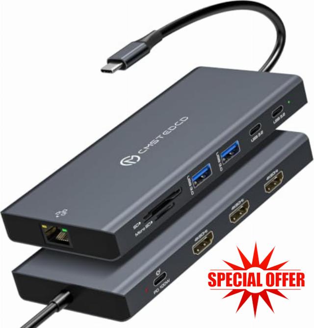 USB C Docking Station 3 Monitor (3X HDMI) 4K60Hz Thunderbolt Dock 12 in 1 Laptop USBC Hub Multiport Adapter with 4X USBA/C