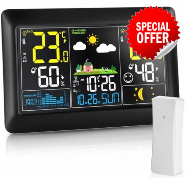 7.5inch Big Weather Stations by DC Adapter with Outdoor Sensor Wireless for Home