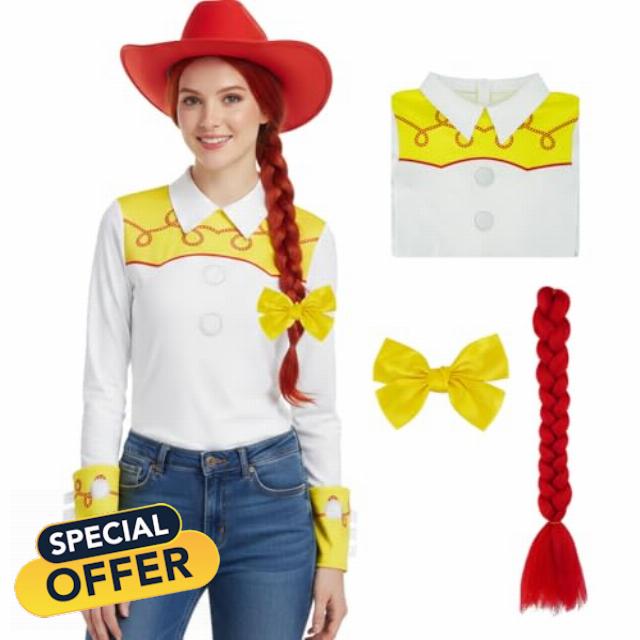 Jessie Costume Women Cowgirl T-shirt for Adult with Wig Braid Bowknot Halloween Cosplay Long Sleeves Top Outfits