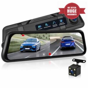 Rimoody Mirror Dash Cam Front and Rear 9.66'' IPS Touchscreen 1080P                                                          Night Vision Rear View Mirror Loop Recording 150° Wide Angle 24 Hours Parking Mode Exposure Compensation with Backup Camera