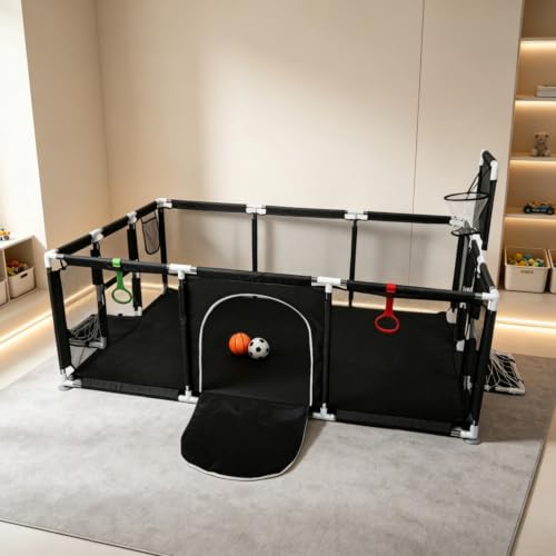 2-in-1 Sport Playpen With Basketball&Pull-up Ring&Football