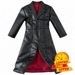 1/12 Scale Black Long Faux Leather Trench Coat for 6 inch Figure                                                          Built-in Magnets on the Back and Wire Along the Hem