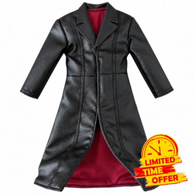 1/12 Scale Black Long Faux Leather Trench Coat for 6 inch Figure                                                          Built-in Magnets on the Back and Wire Along the Hem