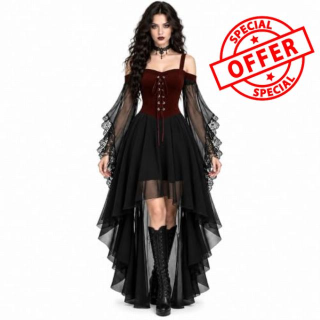 Witch Dress Women Medieval Vampire Butterfly Sleeve Mesh Gothic Outfits                                                          Witch Costume Women Halloween Dresses Adult