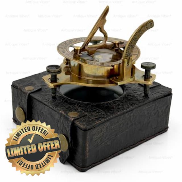 Brass Sundial Compass Copper-Antique Finish Embossed Case Handmade Navigation Tool
