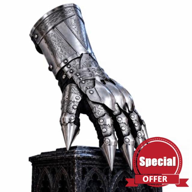 The Armoury UK Medieval Engraved Steel Gauntlet Pair – Silver Knight Armour Gloves with Articulated Plates & Clawed Fingers for LARP