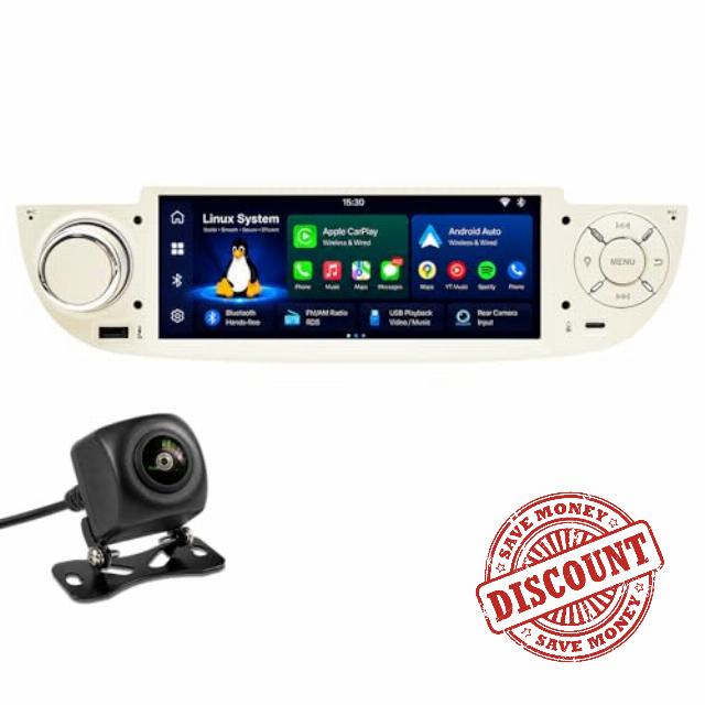 Car Stereo for Fiat 500 2007-2015 Wireless CarPlay Android Auto                                                          6.86" Touch Screen Linux Radio