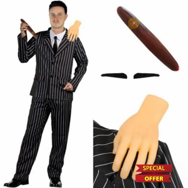 Mens Gothic Husband Costume Pinstripe Suit Moustache Cigar Hand Halloween                                                          Gothic husband costume with pinstripe suit