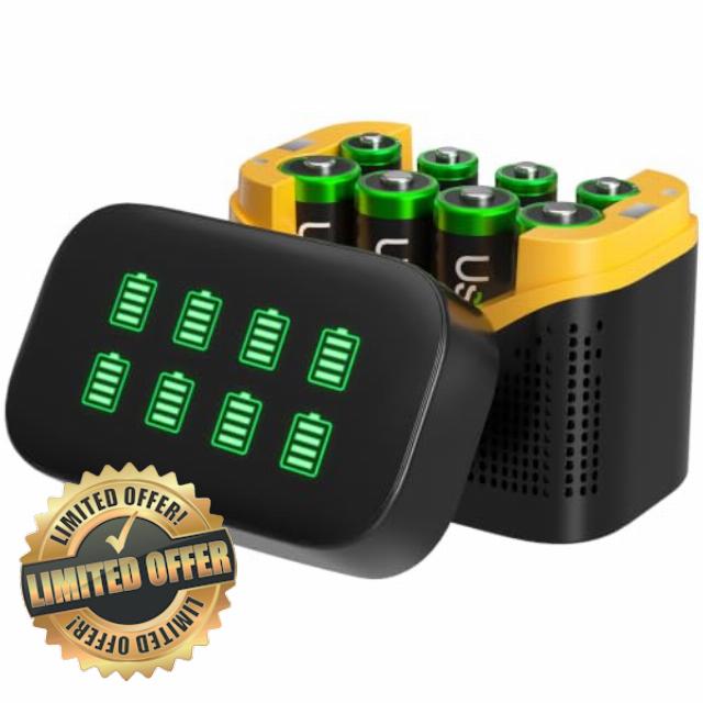 UseNiy rechargeable AAA and AA batteries with 8 bays charger                                                          4 x AA 2800mA and 4 x AAA 1100mAh