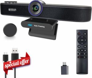 TONGVEO AI Tracking 4K Webcam 5X Zoomable for Conference Room System with 4 Mics and Speaker