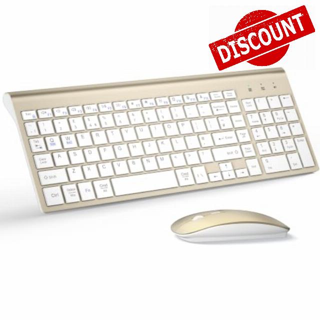 Wireless Keyboard and Mouse Ultra Slim Combo with Dual System - Gold White                                                          TopMate 2.4G Silent Compact 2400DPI Mouse and Scissor Switch Keyboard Set with Cover and Batteries