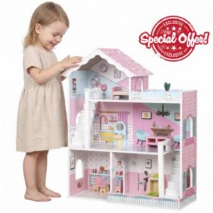 AIYAPLAY Wooden Dolls House 3-Storey with 10 Accessories for 3-6 Years                                                          Large Modern Dollhouse