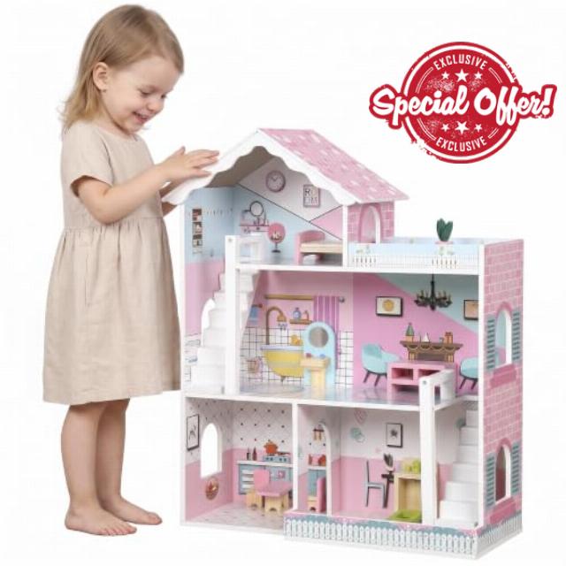 AIYAPLAY Wooden Dolls House 3-Storey with 10 Accessories for 3-6 Years                                                          Large Modern Dollhouse