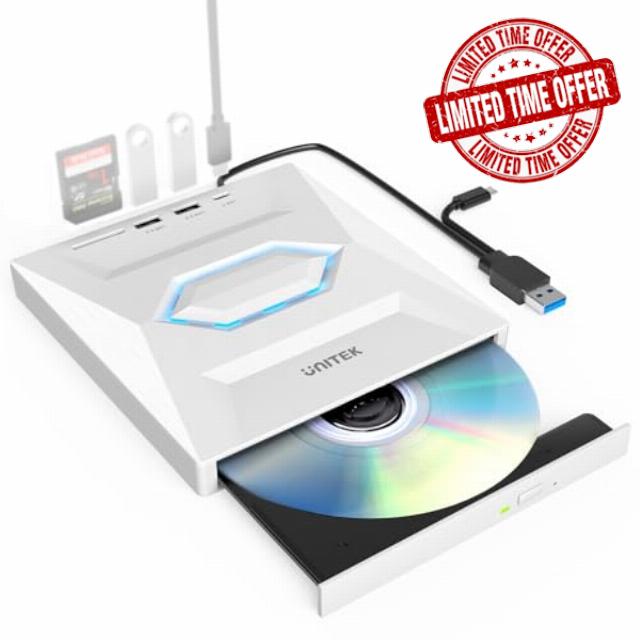 UNITEK External CD/DVD Drive USB C Portable DVD Player with SD Card Slots 3 USB Ports CD ROM Burner External Disk Drive Optical Compatible with Laptop Desktop Mac Windows 11/10/8/7 Linux