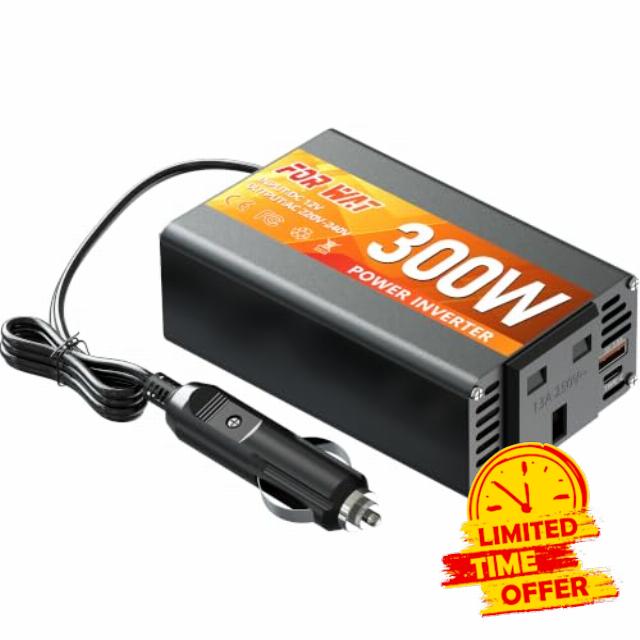 300W Car Power Inverter 12V to 240V Car Charger                                                          with Dual USB Ports and UK Socket Aluminium Case Charge Your Laptop