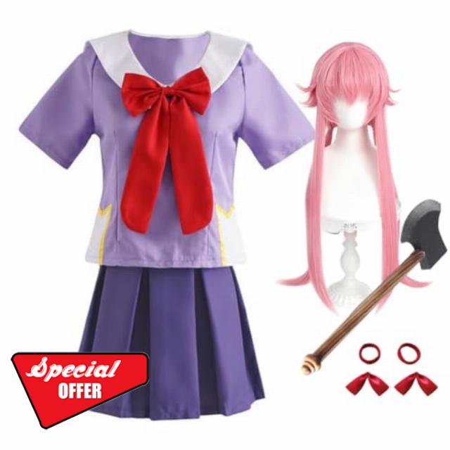 Gasai Yuno Cosplay Costume Top Skirt Prop Role Play Full Set                                                          Gasai Yuno Wig
