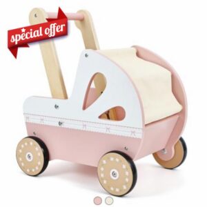 Pithfor Wooden Baby Psuh Walker & Baby Doll Stroller for Toddlers 1-3                                                          Play Doll Pram