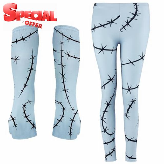 YIXAXKAO Night Before Christmas Costume Halloween Stitches Leggings Tights for Women Scar Arm Warmer Long Fingerless Gloves