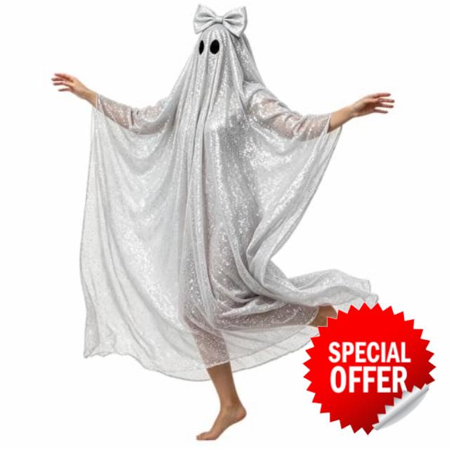 Women Ghost Costume Halloween Spooky Cape Sequin Disco Ghost Poncho                                                          Sparkle Glitter Sheer Ghost Cloak Robe