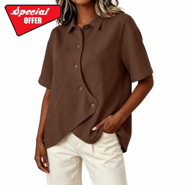 Women's Solid Collar Asymmetrical Placket Button-Down Shirt                                                          Short Sleeve Collared Blouse Irregular Hem