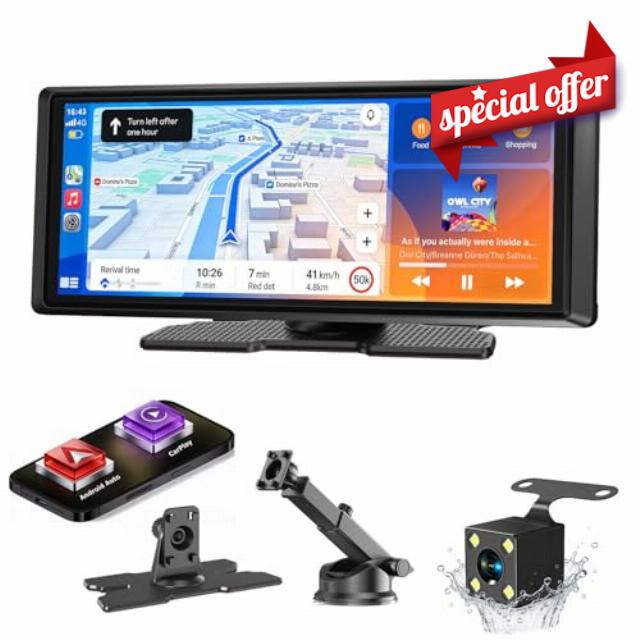 ESSGOO Wireless Carplay & Android Auto Screen for Car 8.1" with Rear Cam                                                          1600x600 HD IPS Touchscreen Stereo Portable Apple Car Play