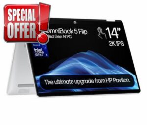 HP OmniBook 5 Flip Next Gen AI Laptop | Intel Core Ultra 5 322 | 16GB RAM                                                          512GB SSD | 14” 2K Anti-Glare Touchscreen | Fast Charge | Backlit Keyboard | Windows 11 | Silver | Charger Sold Separately