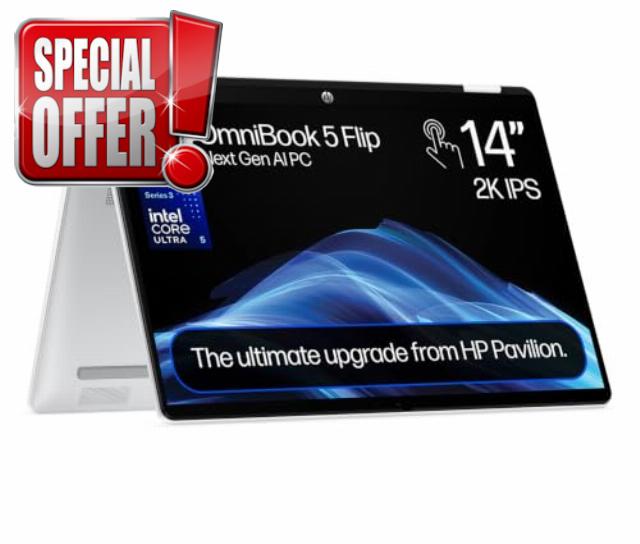 HP OmniBook 5 Flip Next Gen AI Laptop | Intel Core Ultra 5 322 | 16GB RAM                                                          512GB SSD | 14” 2K Anti-Glare Touchscreen | Fast Charge | Backlit Keyboard | Windows 11 | Silver | Charger Sold Separately