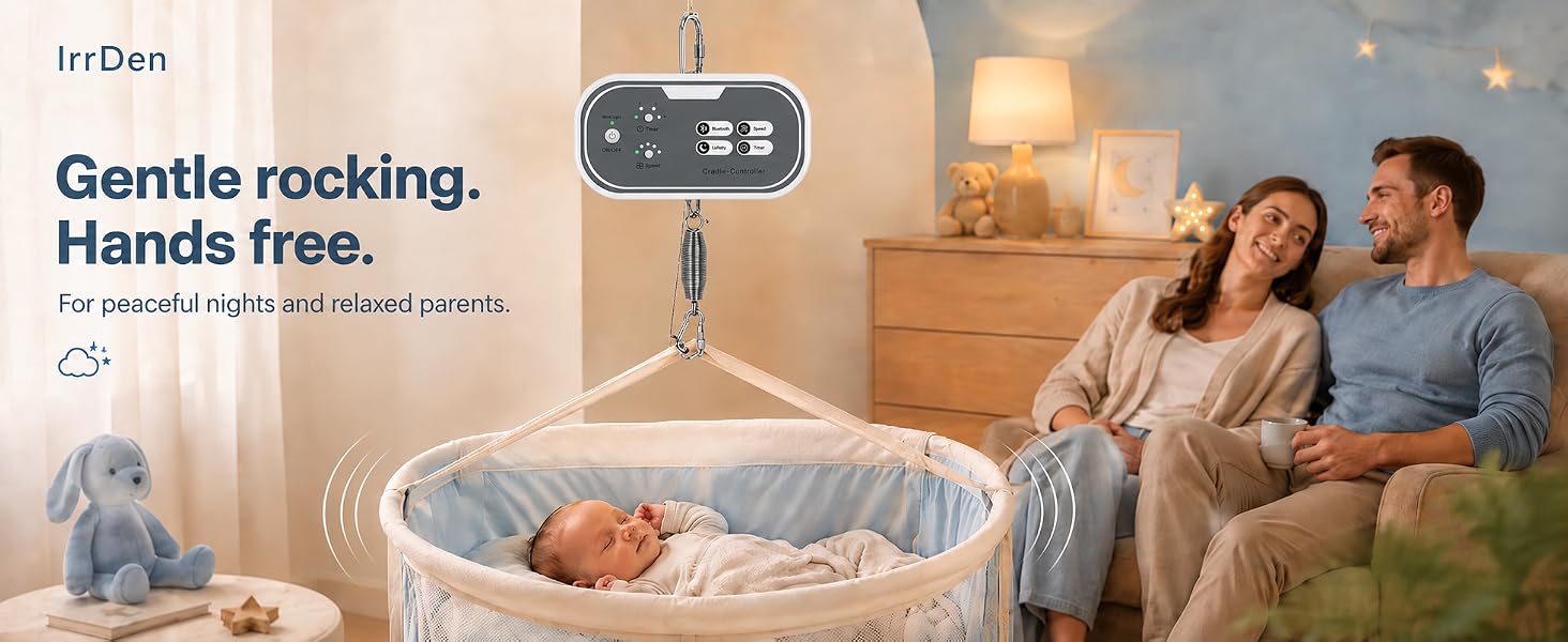 Text reads 'irDen', 'Gentle rocking. Hands free.' Smart baby bassinet with remote control displayed; parents observe infant in crib in warm bedroom setting.