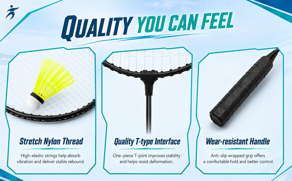 Text reads 'PRODUCT SPECIFICATION' with icons showing '12x Badminton Rackets', '12x Shuttlecocks', '3x Training Cones'. Assembly diagrams display two badminton rackets, grip details, net setup, and twelve yellow cone markers with blue carrying bags.
