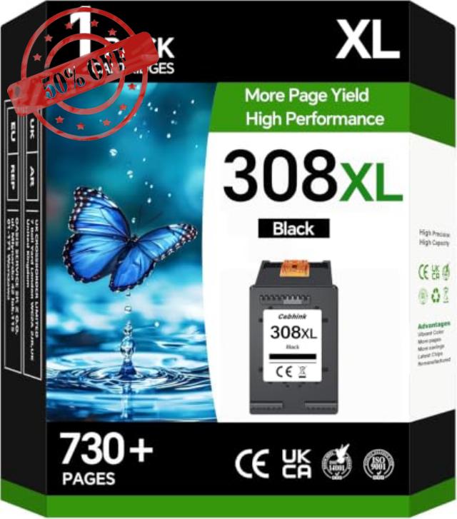 308XL Black Ink Cartridge High Yield Compatible for HP 308 Ink Cartridges                                                          (1-Pack) 308 Black Ink Work with HP Envy 6122e 6532e 6520e 6132e 6530e 6120e 6110e 6558e 6110e 6130e 6120 Printe