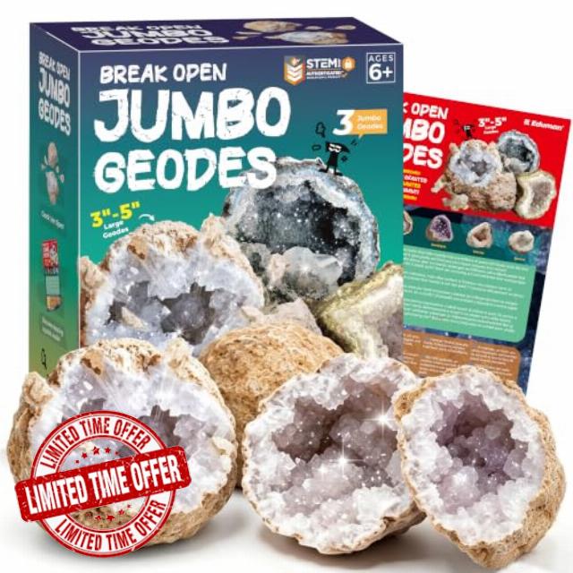 EDUMAN Break Open 3 Jumbo Geodes with Crystals - STEM Educational Geology Earth Science Kit