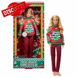 ​Barbie Holiday Sweater Doll                                                          Collectible Ugly Sweater Doll with Long Blonde Hair and Gingham Print Pants and Light Up Holiday Sweater