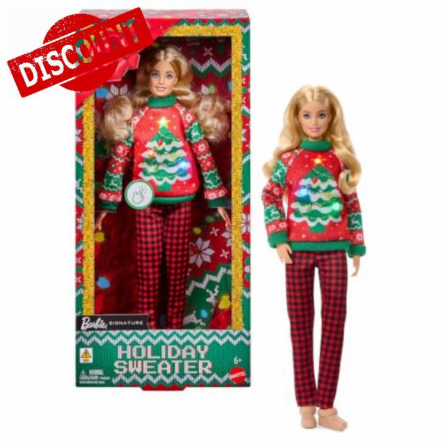 ​Barbie Holiday Sweater Doll                                                          Collectible Ugly Sweater Doll with Long Blonde Hair and Gingham Print Pants and Light Up Holiday Sweater