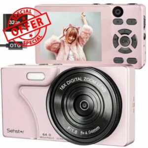 Digital Camera 4K 64MP Compact Digital Camera with 32GB SD Card (Pink)                                                          18X Digital Zoom Autofocus