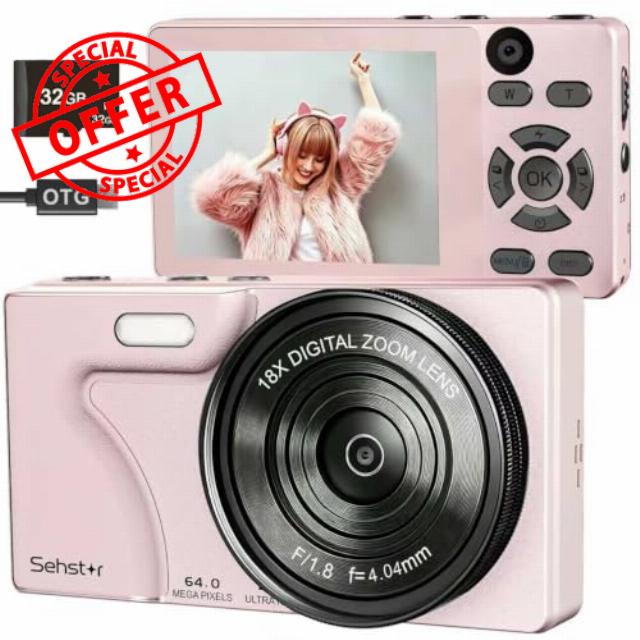 Digital Camera 4K 64MP Compact Digital Camera with 32GB SD Card (Pink)                                                          18X Digital Zoom Autofocus