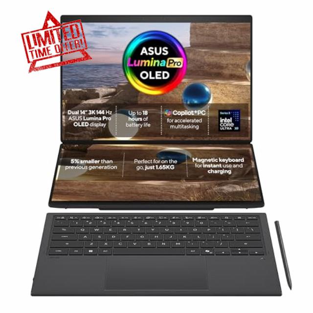 ASUS Zenbook DUO UX8407 Copilot+ PC Dualscreen Laptop | Intel Ultra X9 378H                                                          32GB RAM | 1TB PCIe SSD | 14.0" 3K (2880x1800) OLED Dual Touchscreen | Windows 11 Home