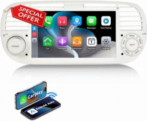 ESSGOO 4+64G Car Stereo Android 15 Carplay and Android Auto for FIAT 500                                                          （2007-2015）Autoradio with 7 Inch HD Touchscreen Bluetooth GPS Navigation RDS WiFi USB FM/AM Radio White
