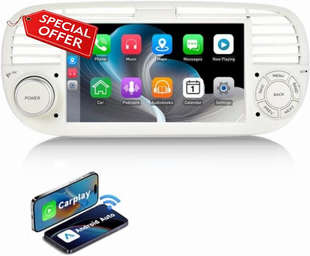 ESSGOO 4+64G Car Stereo Android 15 Carplay and Android Auto for FIAT 500                                                          （2007-2015）Autoradio with 7 Inch HD Touchscreen Bluetooth GPS Navigation RDS WiFi USB FM/AM Radio White